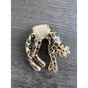 Vintage Gold Tone Leopard Brooch – Black Enamel & Rhinestones